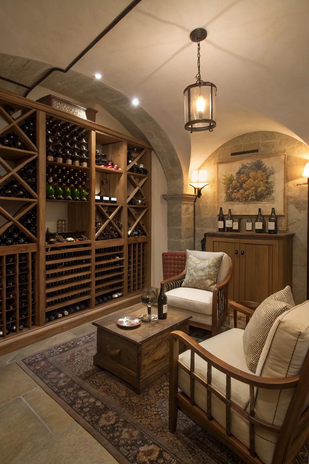 An inviting seating area with gentle lighting for relaxed wine tastings.