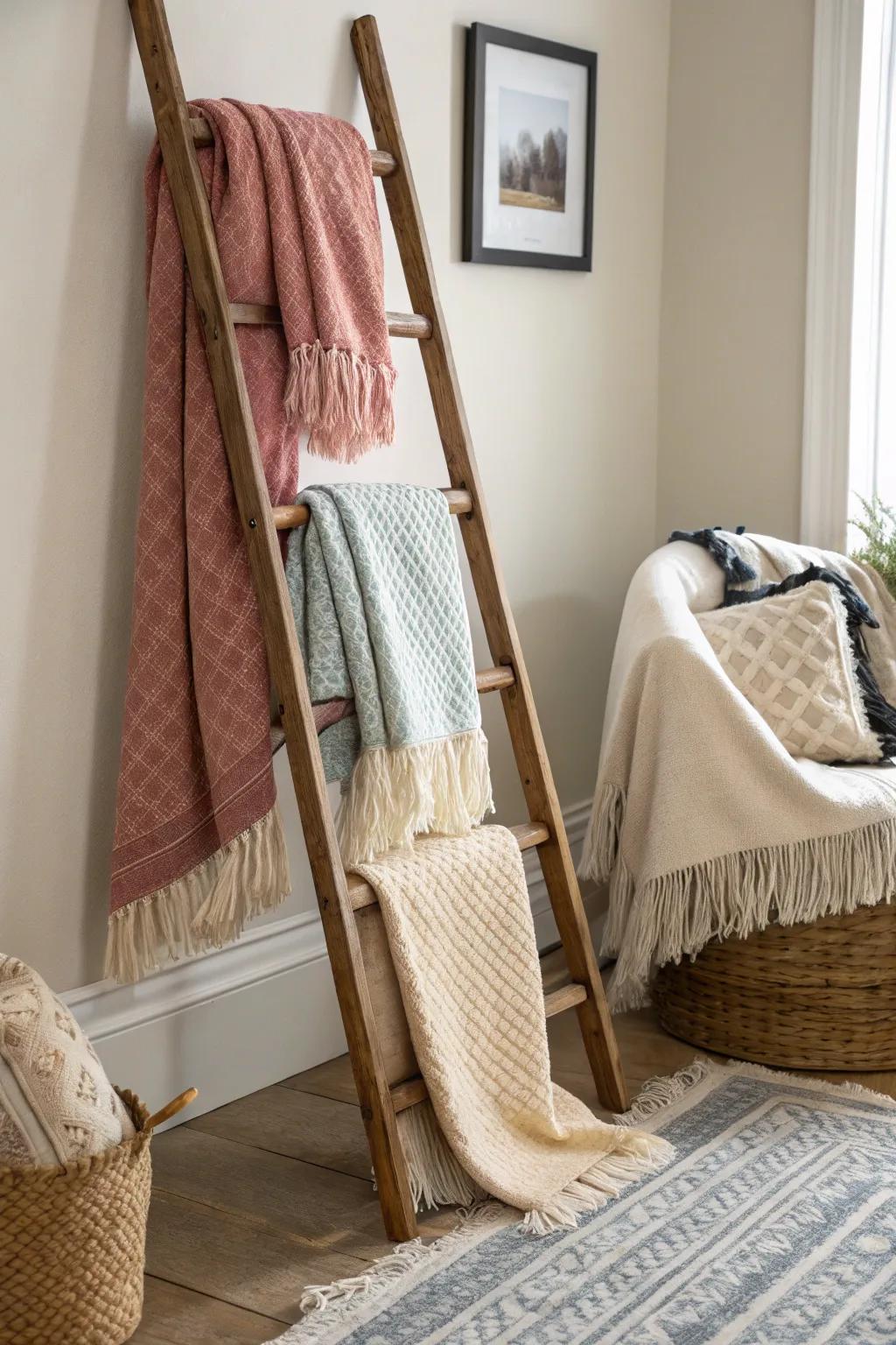 A snug wrap ladder display invites warmth into the parlor.