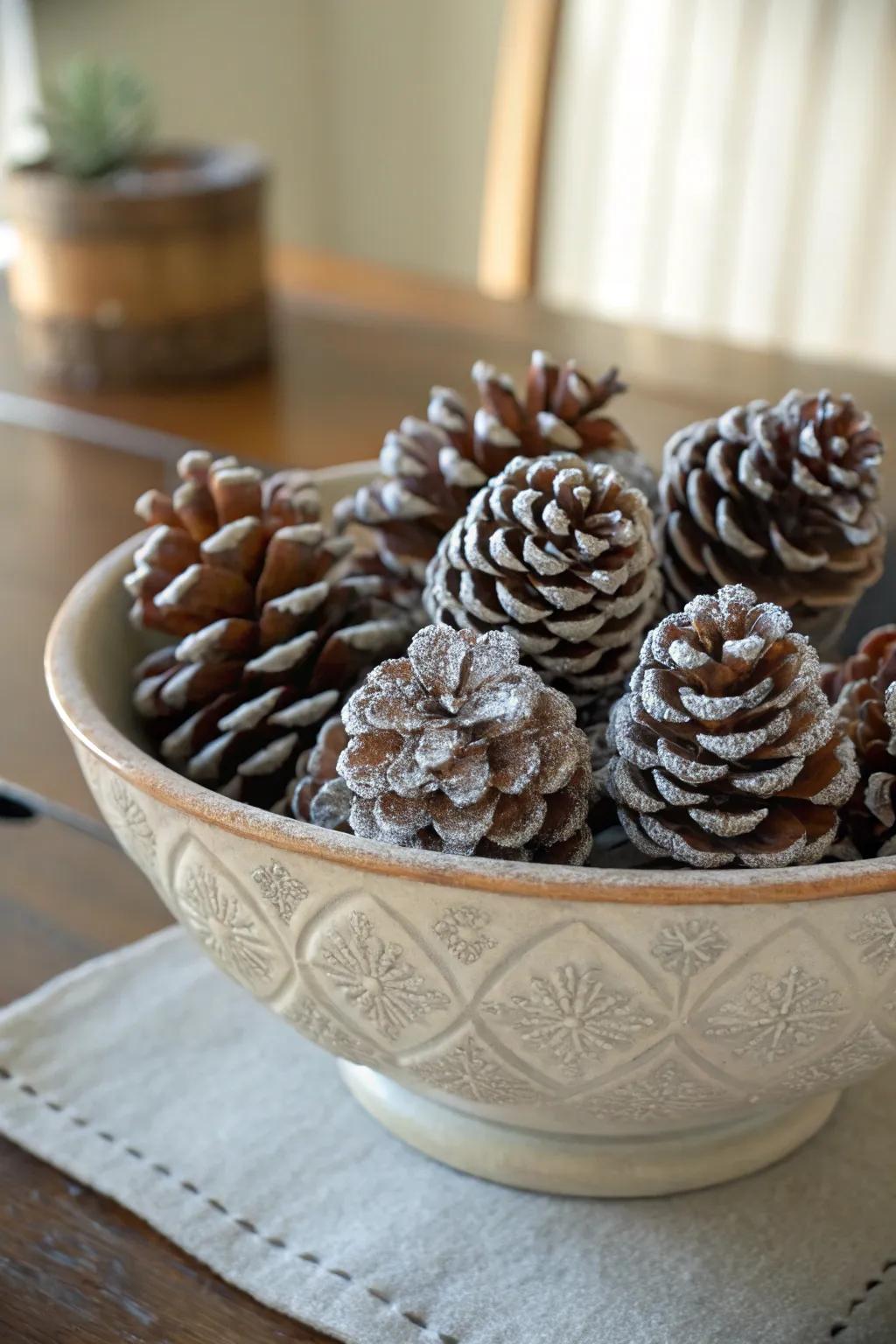 Frosted pine cones provide a natural winter accent.