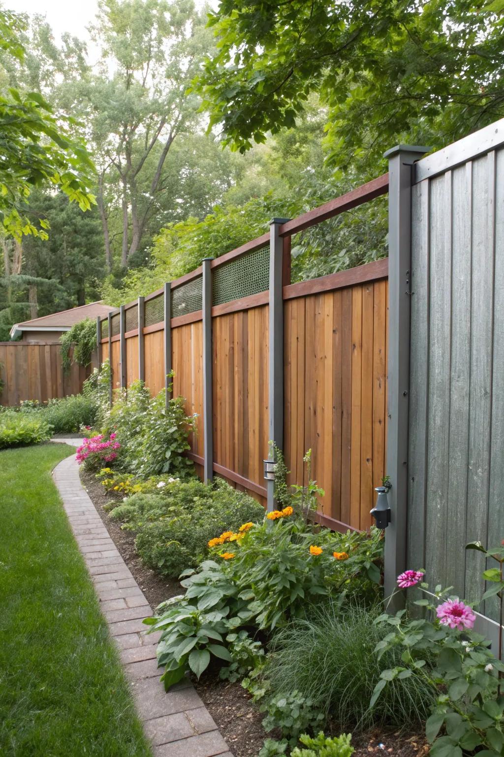 An exceptional privacy fence showcasing a blend of lumber and steel materials.