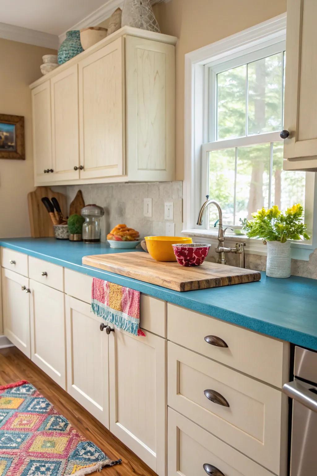 A daring tint burst on wood countertops for a vibrant cooking area aesthetic.