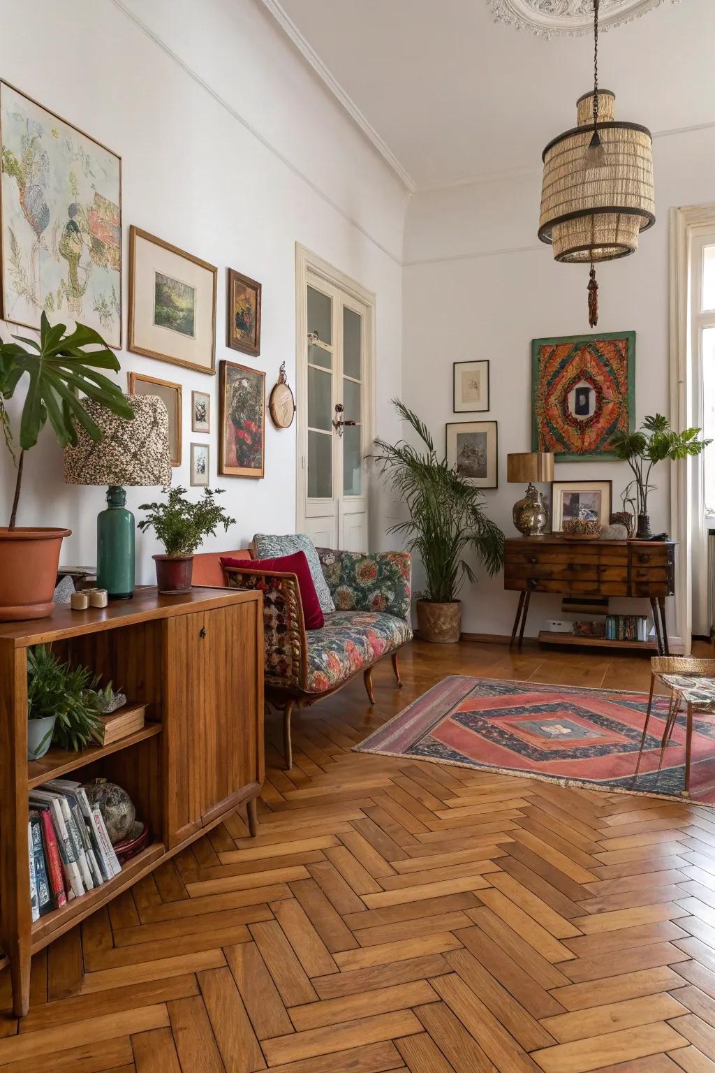 Artistic interior showcasing distinct parquetry timber flooring.