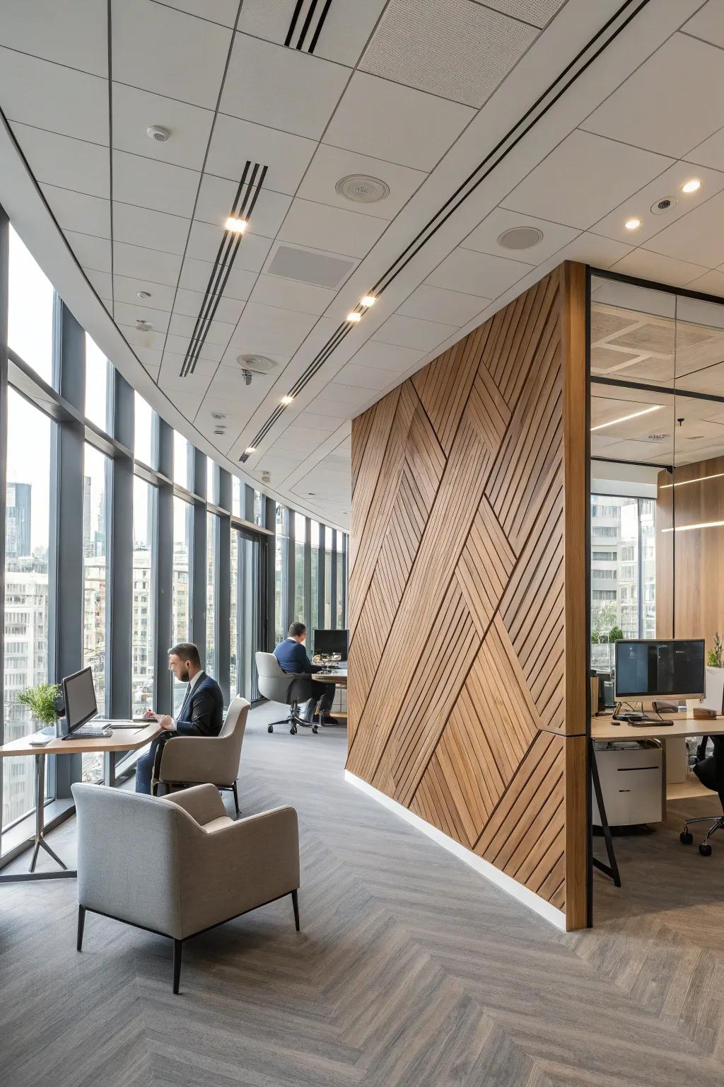 Diagonal wood panels bring an unexpected visual energy to your décor.