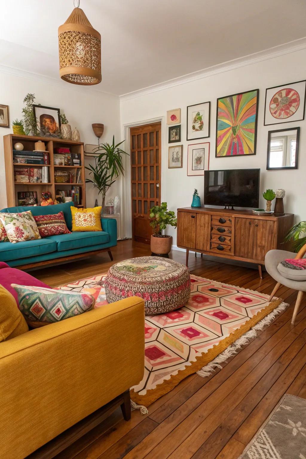 An eclectic living area with a rich mix of timber shades.
