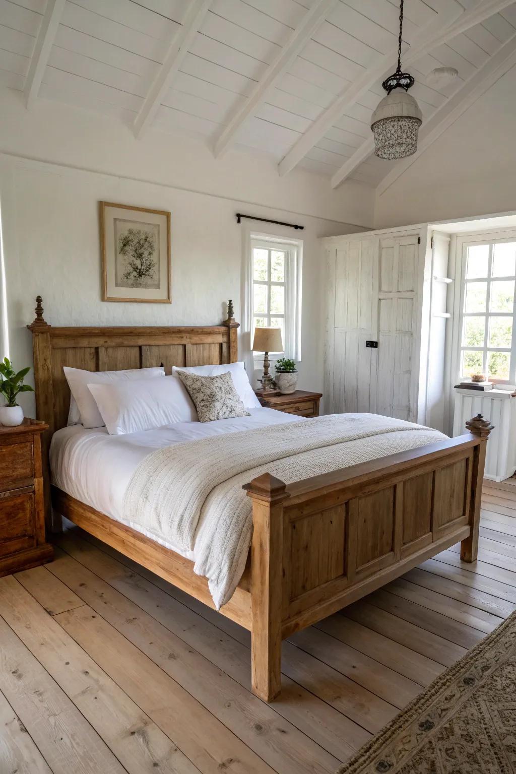 Simple bedding highlights the beauty of this wooden bed.