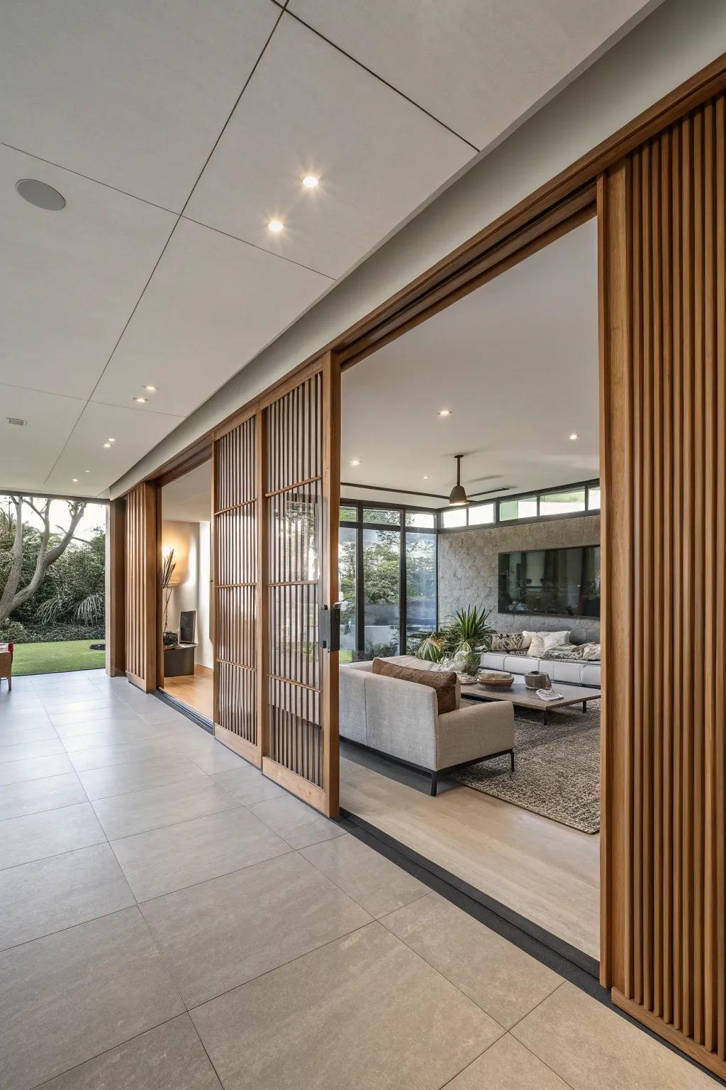 Sliding partitions provide flexible space management in this modern living room.