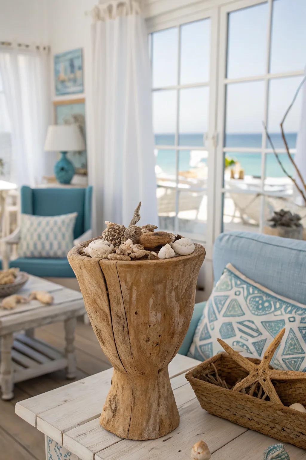 Infuse a coastal enchantment through timber vases adorned with marine-salvaged driftwood.