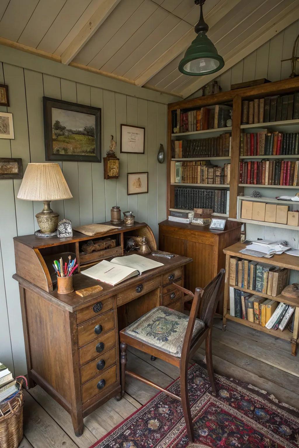 A writing shed overflowing with vintage charm and personality.