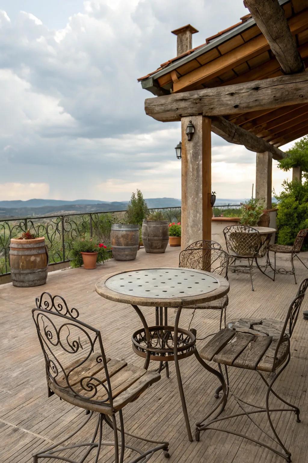 Cultivate a serene escape with countryside wrought iron and lumber elements.