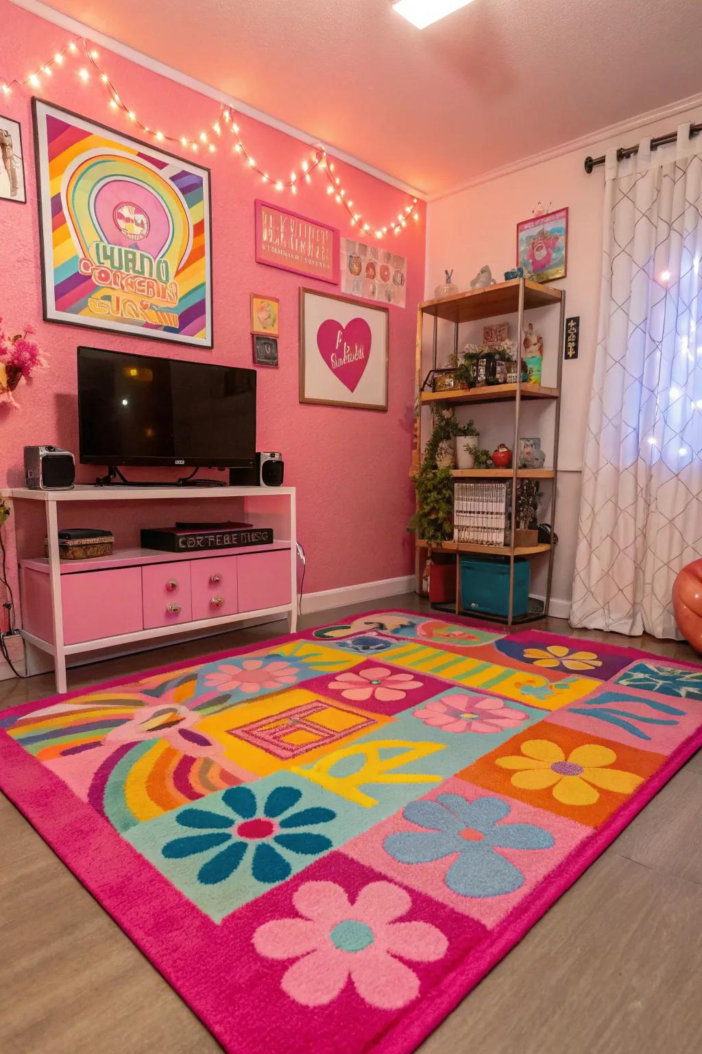 A vibrant floor covering brings warmth and style to any Y2K room.