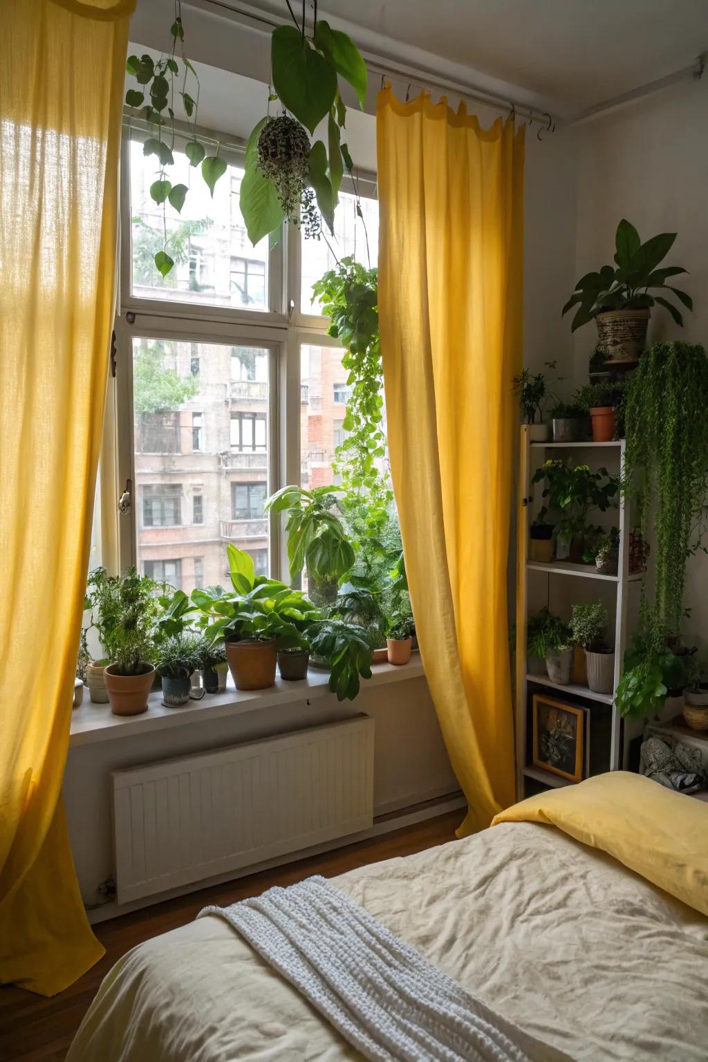 Gold drapes and lush plants transform the bedroom into an urban oasis.