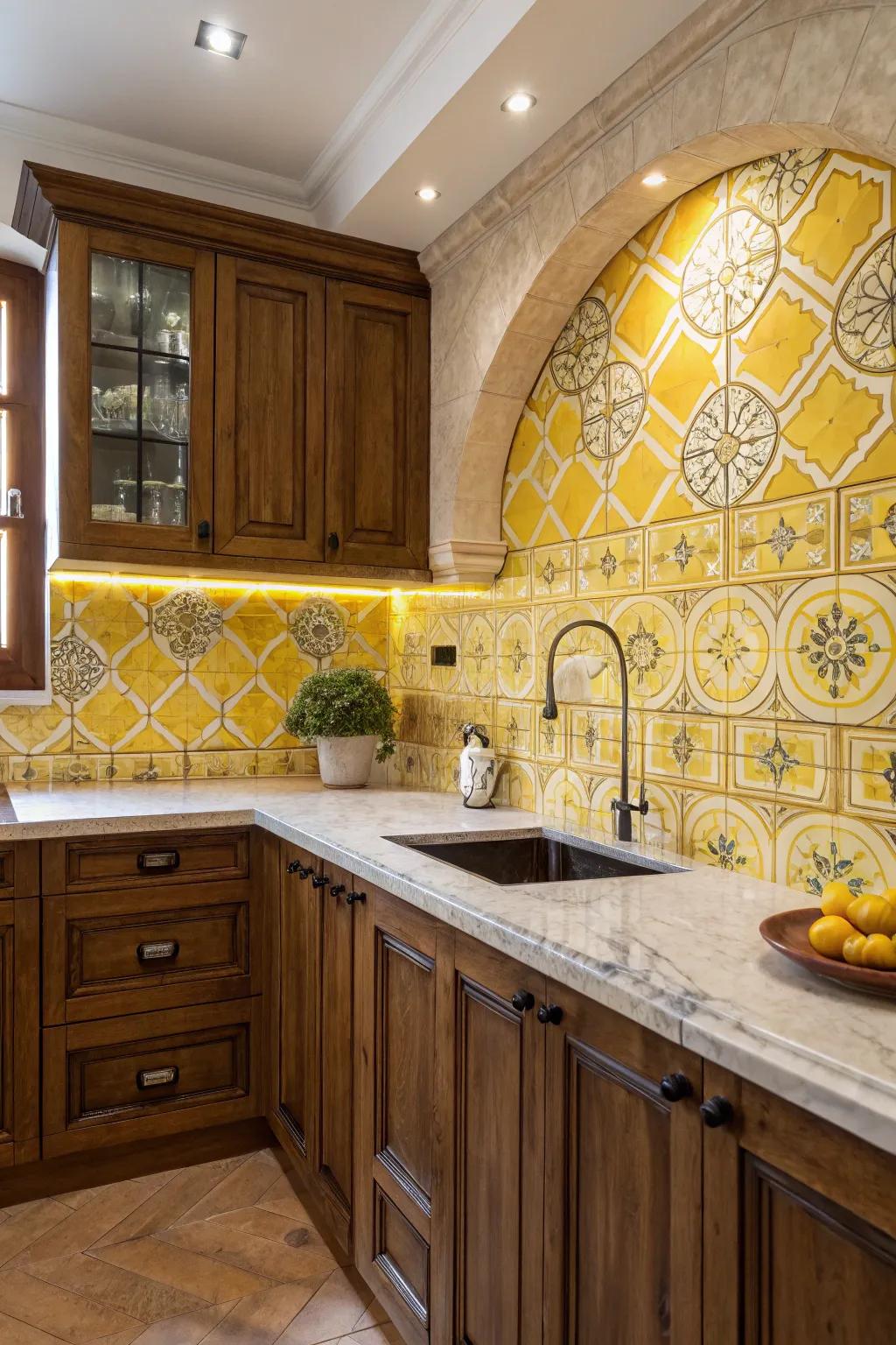 Artistic yellow tiles establish a breathtaking visual influence in a kitchen setting.