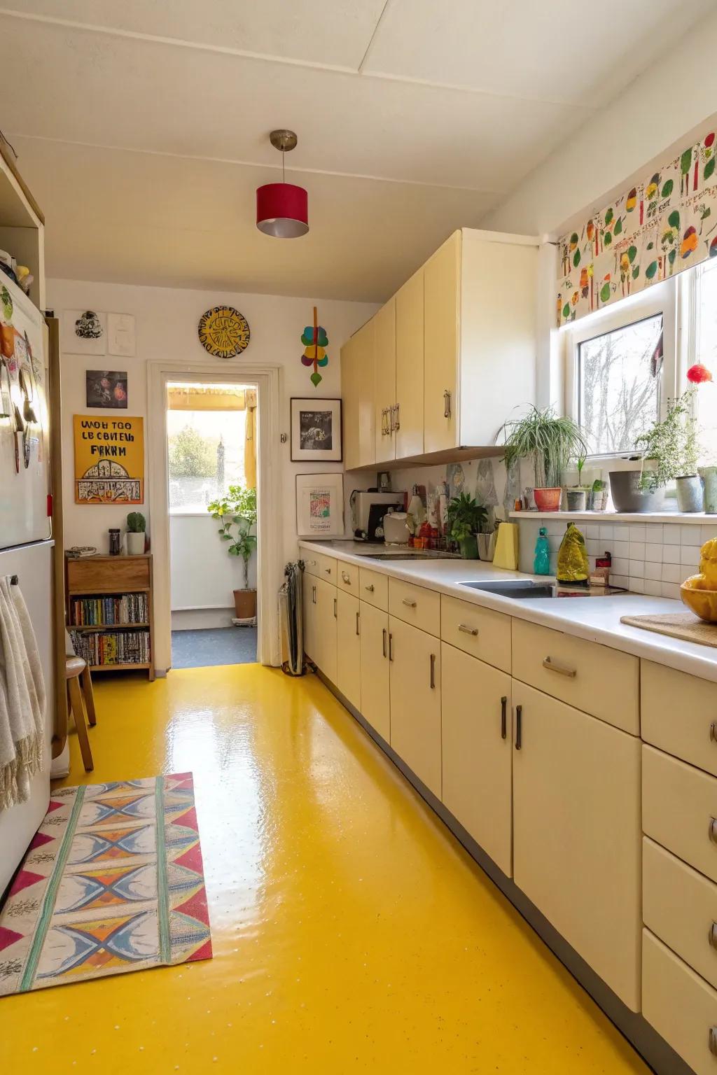 A bold yellow floor adds a unique twist to this kitchen.
