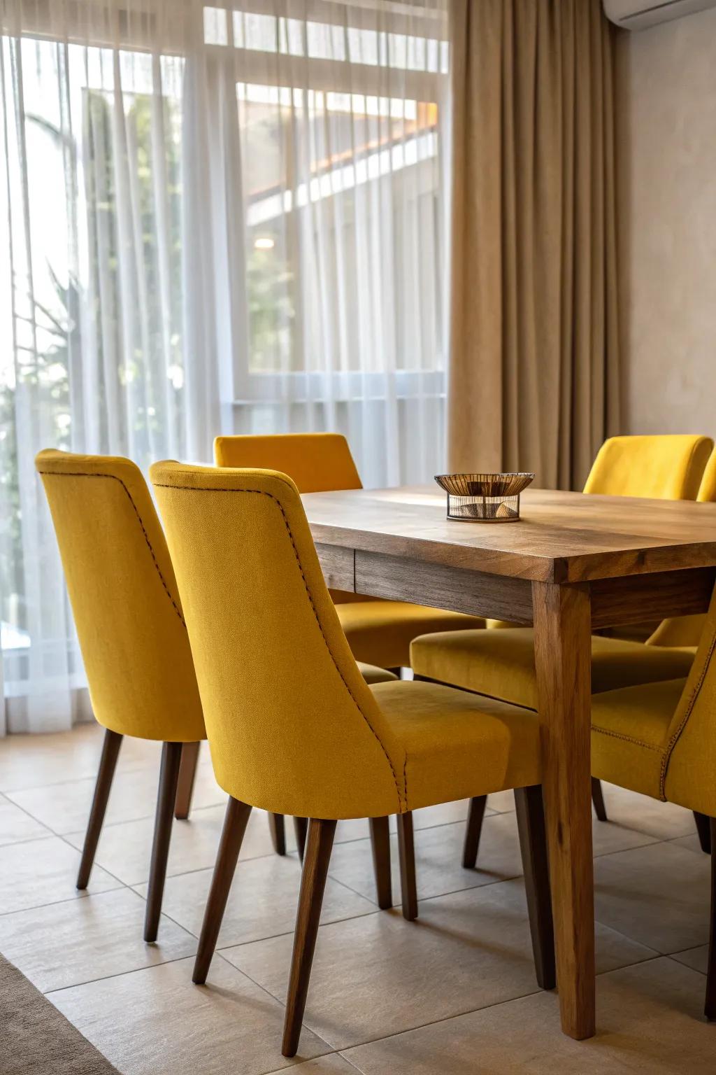 A bold dining room featuring golden seating.