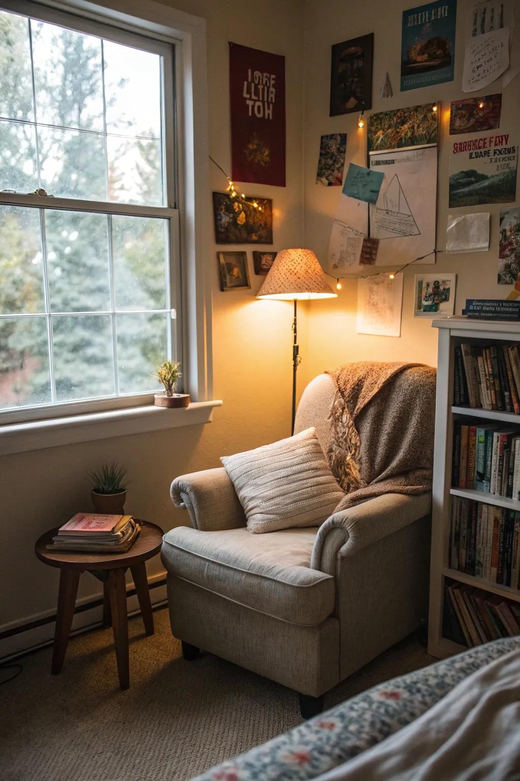 A comfortable literary corner offers a peaceful retreat.