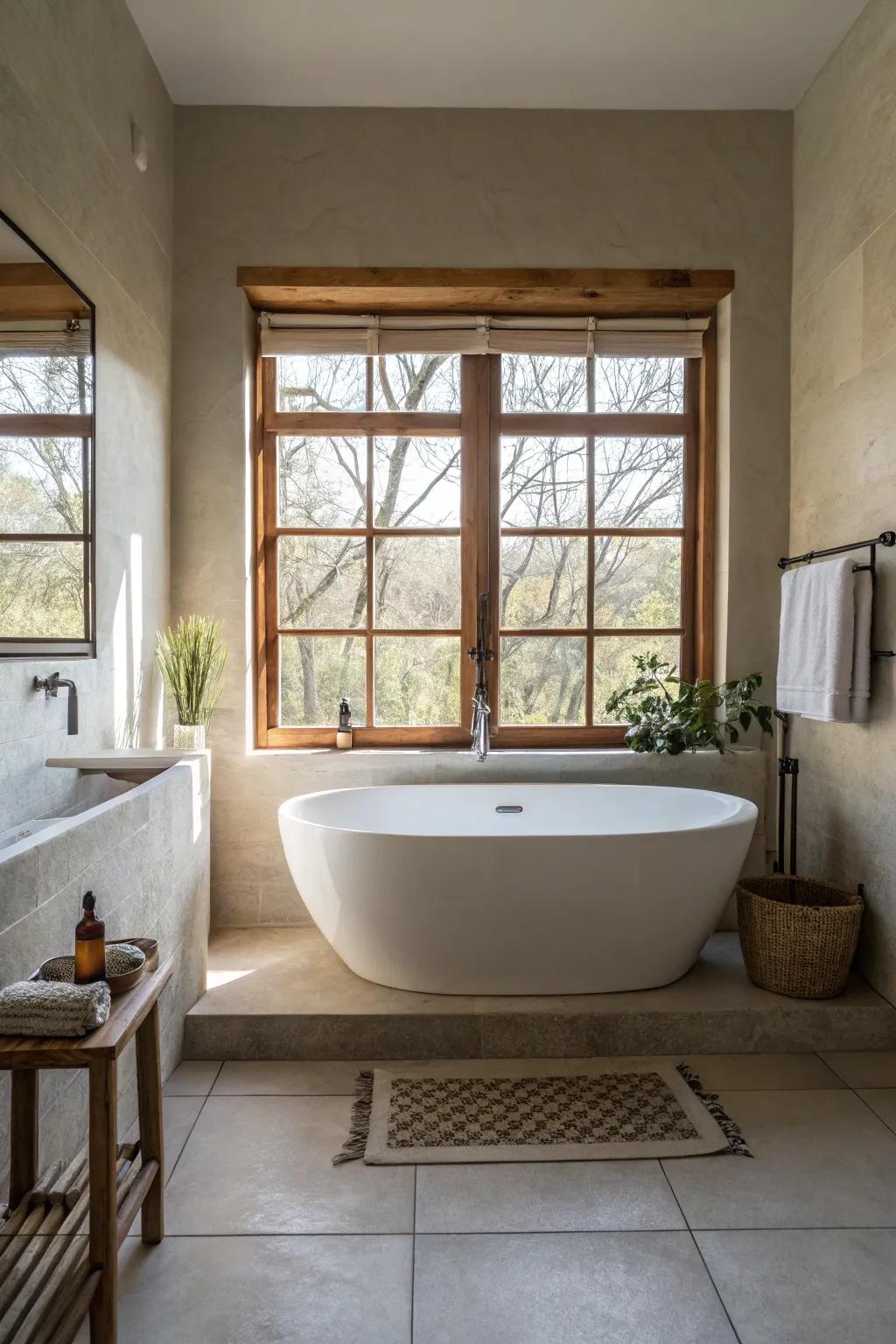 A bathtub is a fancy point in a zen bathroom.