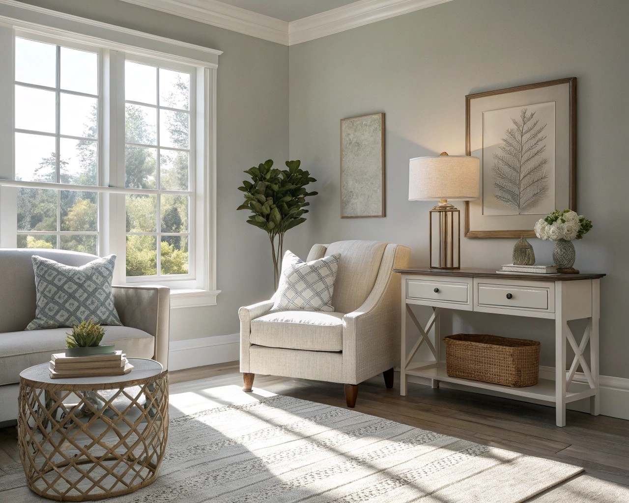 A balanced neutral room with visual hierarchy and natural lighting.