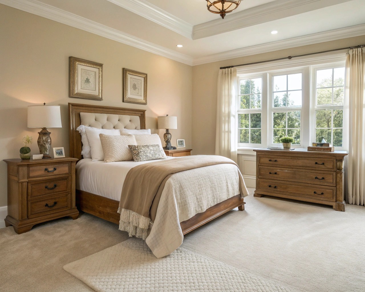 A design showcasing the 60-30-10 rule in a cohesive neutral bedroom.