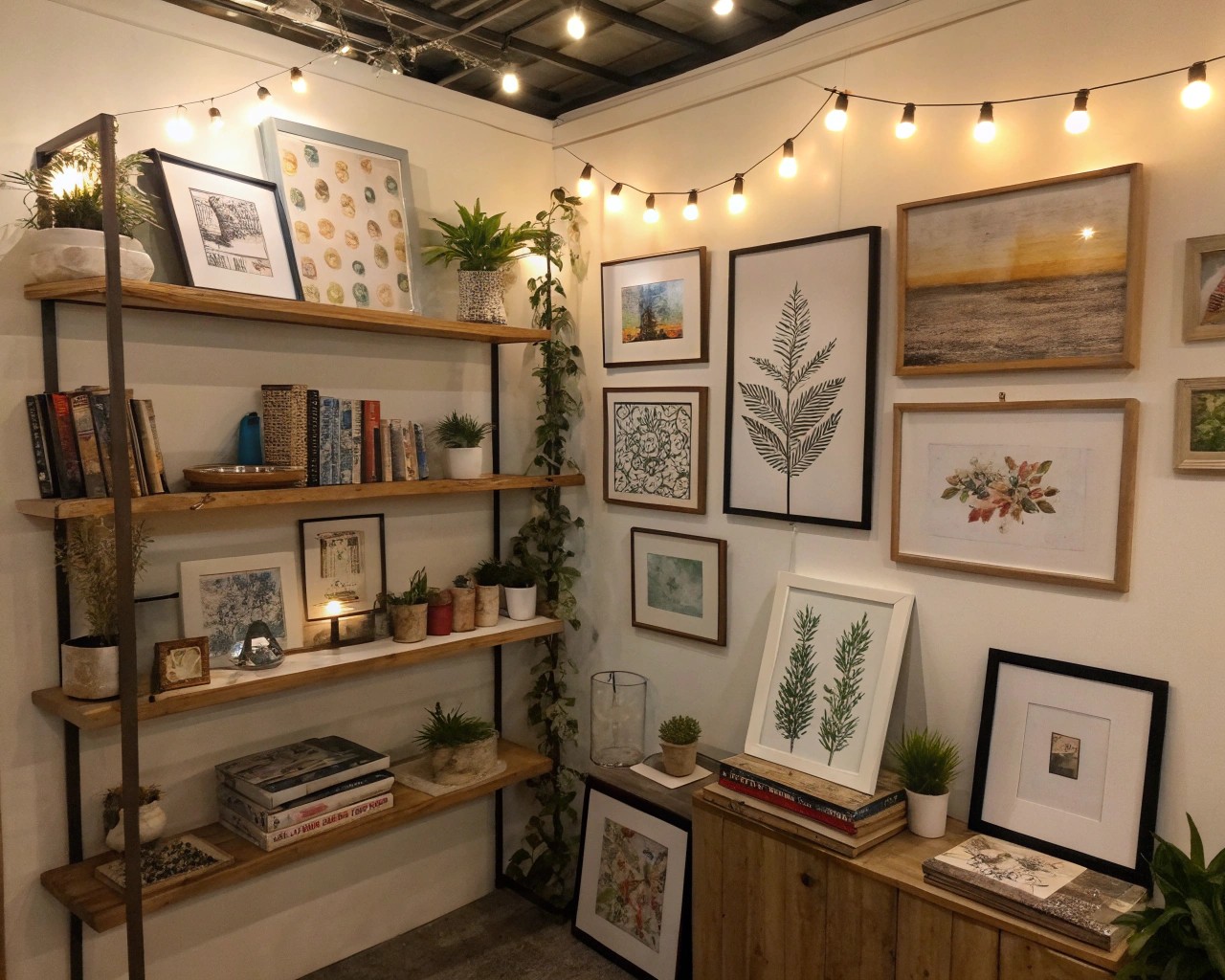 A thoughtfully designed corner gallery displaying art in a creative and intimate way.