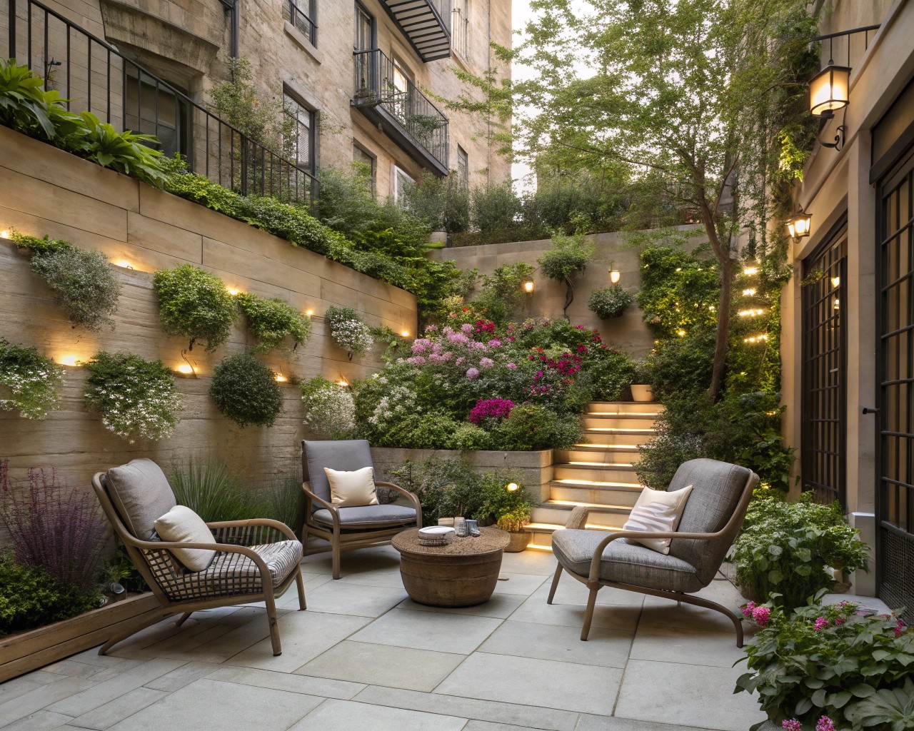 A transformed small urban courtyard featuring layered plantings and cozy seating.