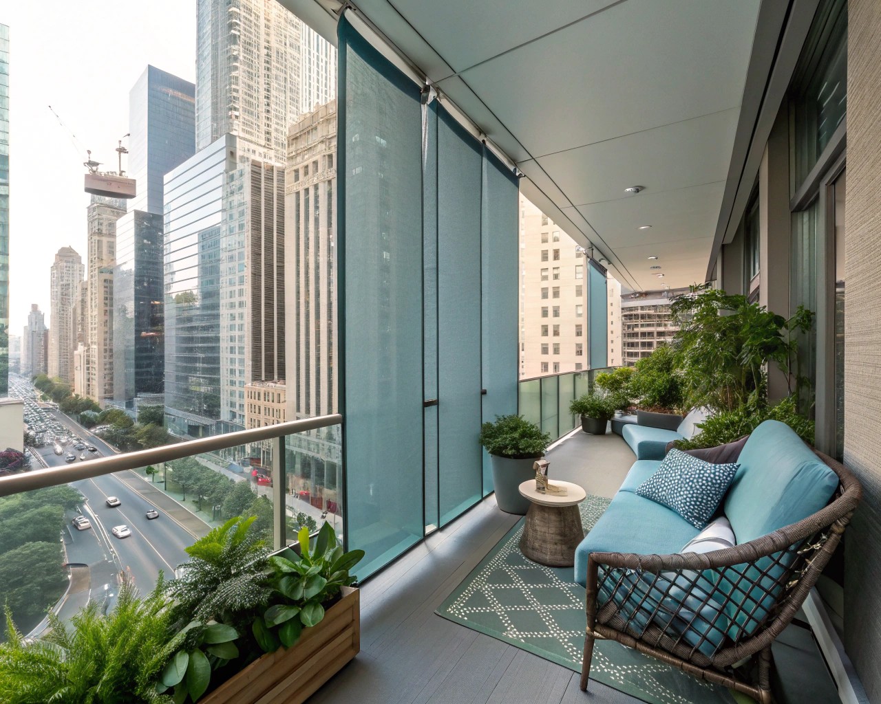 Acoustic panels on balconies help minimize urban noise and create a serene environment.