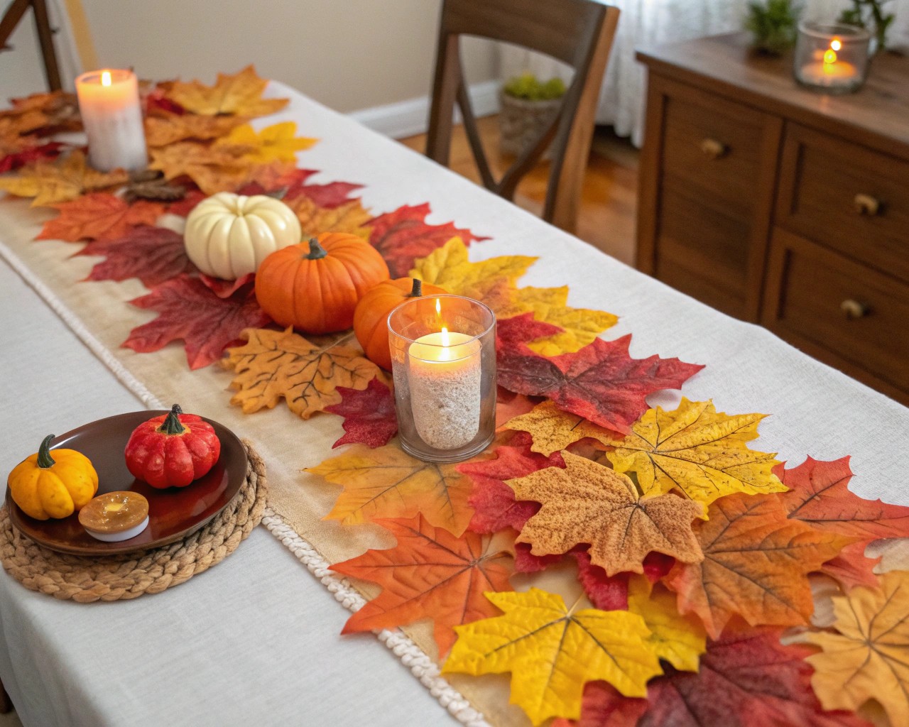An autumn-themed tablescape featuring natural elements like pine cones and leaves.