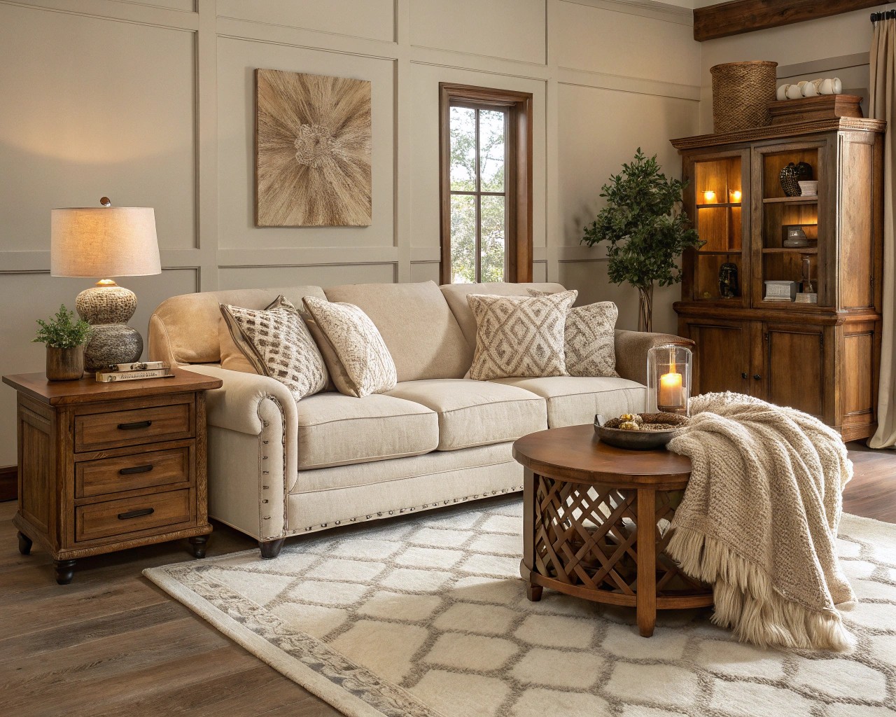 An example of texture variety in a neutral family living space.