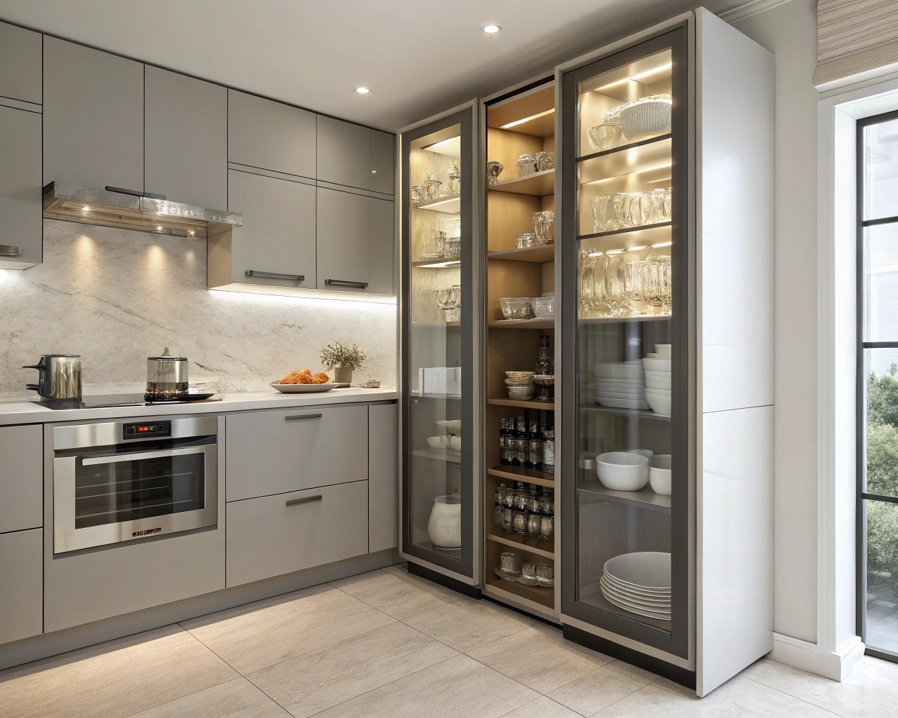 An optimized kitchen corner with functional cabinet solutions, maximizing storage space.