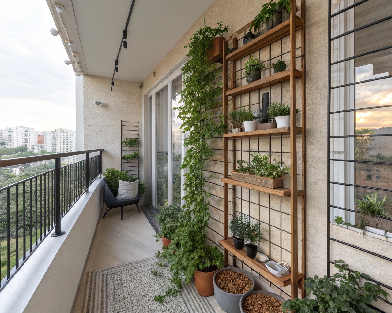 Enhance your balcony with vertical gardens and strategic use of space.