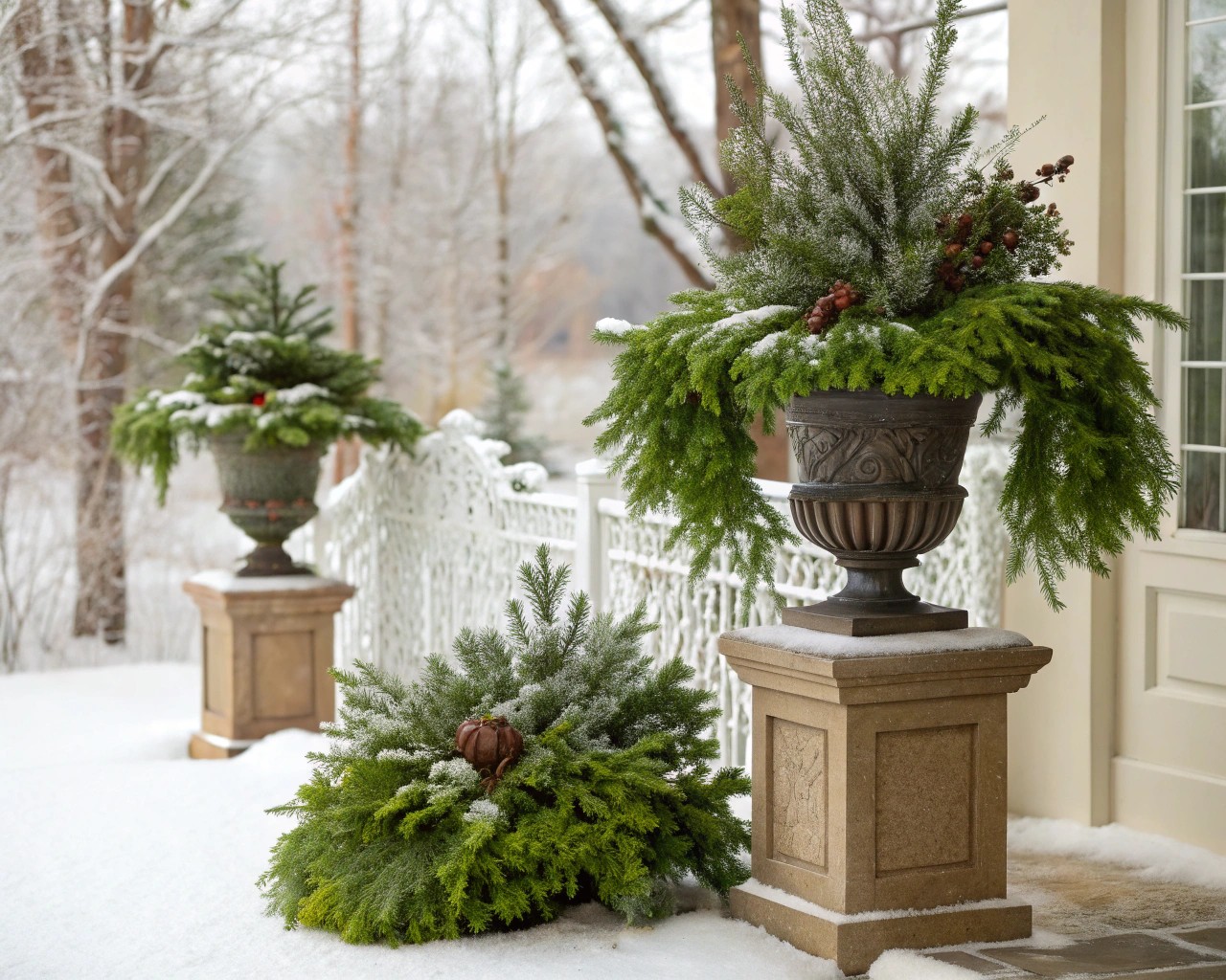 Incorporating natural materials emphasizes the seasonal beauty of fall and winter, creating a cozy and inviting atmosphere.