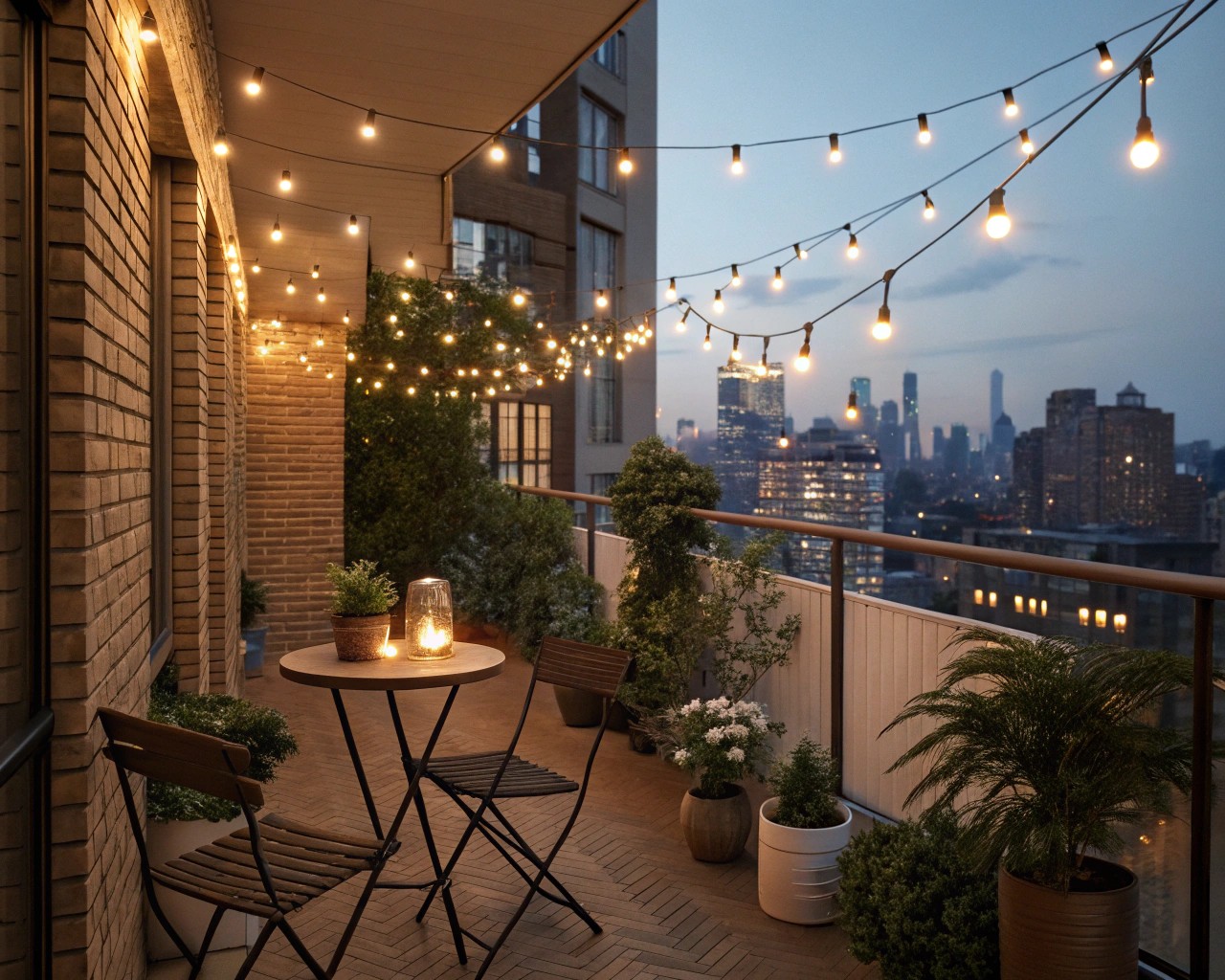 Layered lighting transforms balconies into relaxing evening retreats.