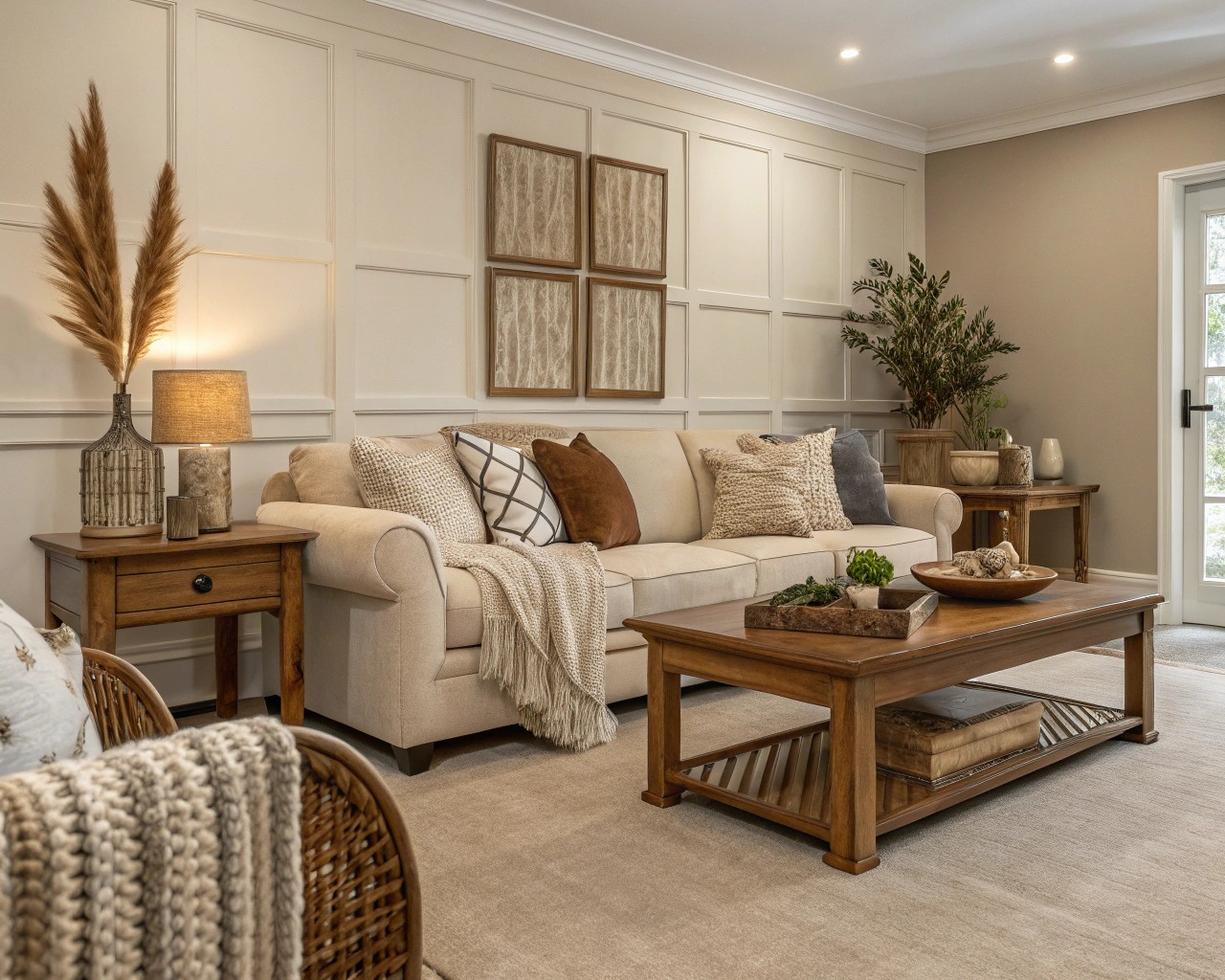 Neutral room employing a layered technique through diverse materials and textures.