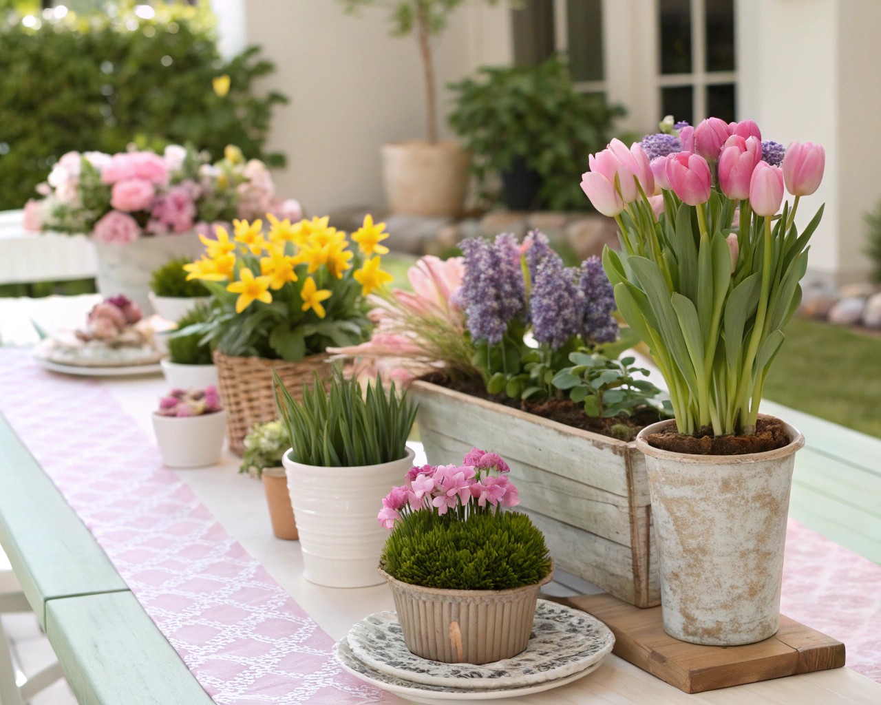 Spring-inspired tablescape using living plants for freshness and growth.