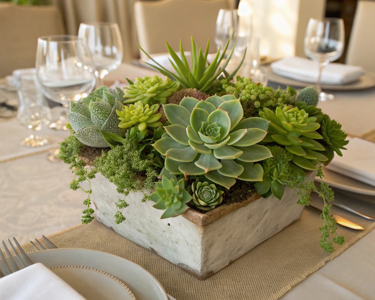 Succulents as a dynamic and low-maintenance addition to a stylish tablescape.