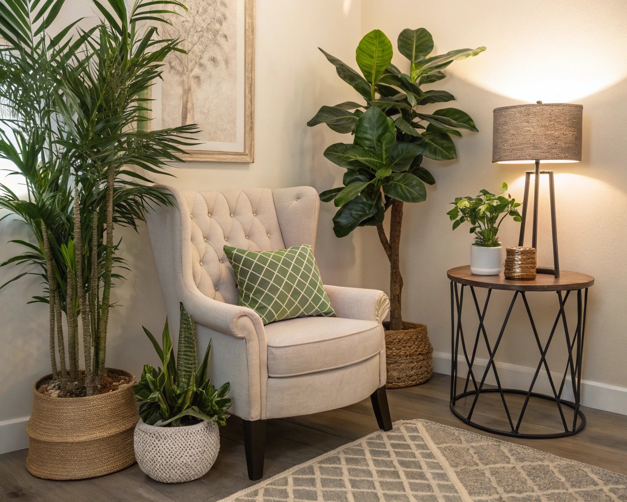 Tall plants enhance the vertical appeal of a home corner, adding fresh greenery to the space.