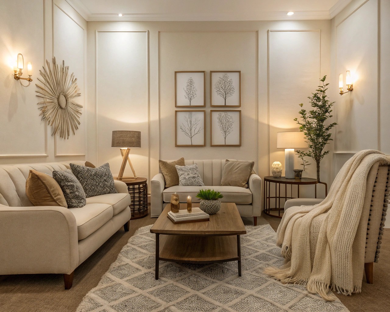 Understanding the impact of neutral hues in a calming, minimalist living area.