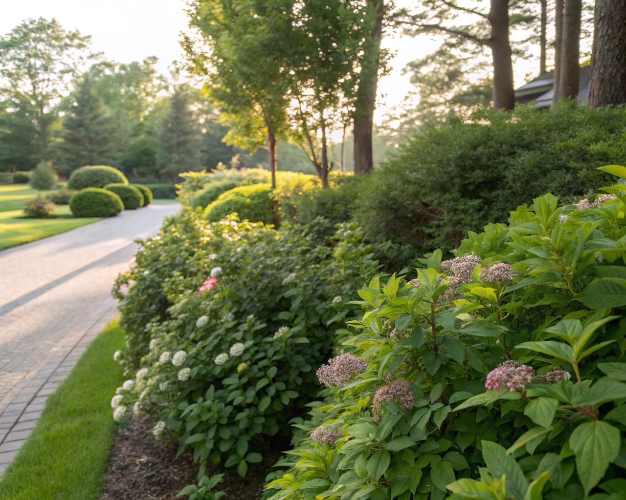 Variety of reliable shade-tolerant shrubs in a home garden setting.