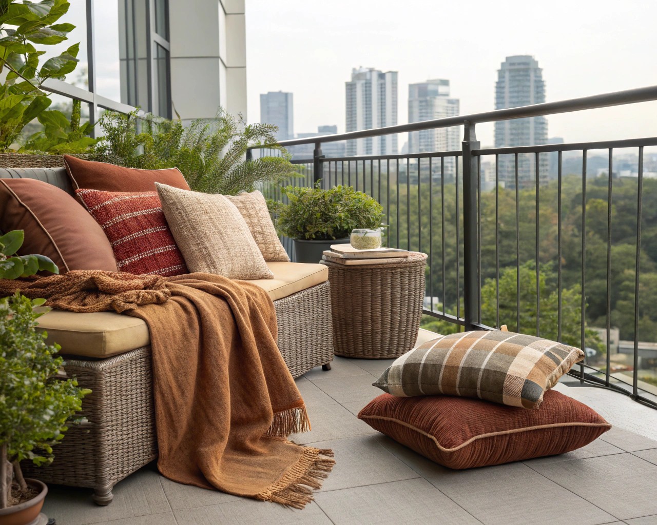 Weather-resistant textiles bring indoor comfort outdoors, ideal for urban balconies.