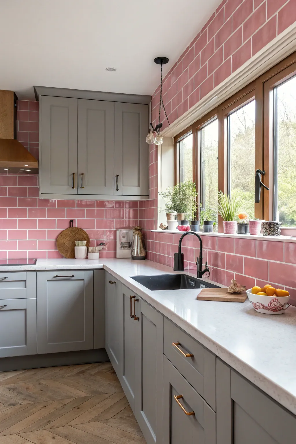 Kitchens with Grey Tones and Pink Accents